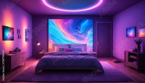 An-interactive-art-bedroom-displaying-holographic-masterpieces-that-change-dynamically-under-the-influence-of-ambient-LED-lighting-full hd
