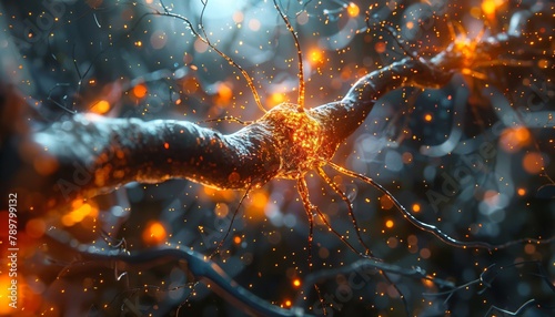 Close-up on the axon and dendrites of a neuron, highlighting neurotransmitter activity