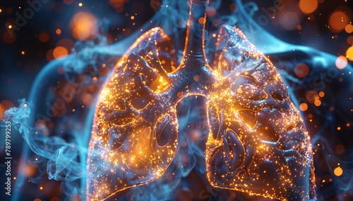 Visual representation of asthma in human lungs, bronchial tubes constricted with highlighted areas