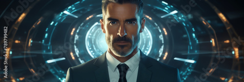Portrait of a handsome man in a suit standing in front of a futuristic background with glowing blue circles