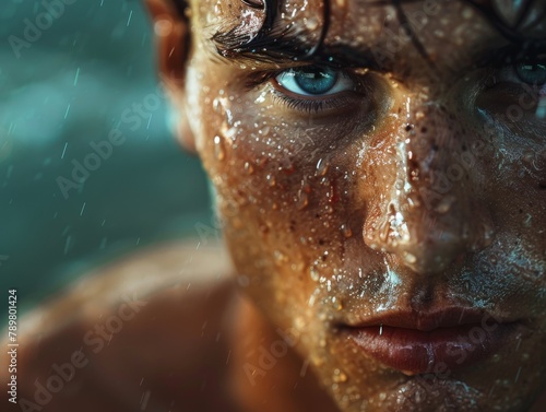 Portrait of a young male model with water on his face staring at the camera with an intense expression on his face.