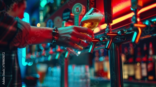 bartender's hand pulling a draft beer with neon lights in the background