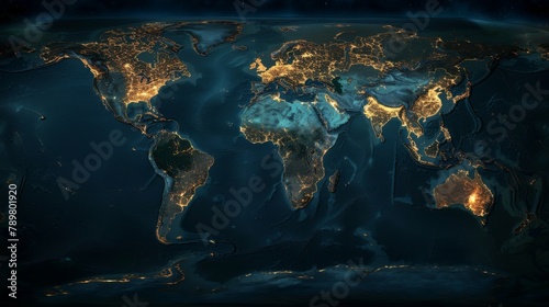 Blue and black world map with glowing city lights.