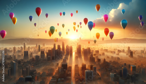 The concept of opportunity comes at all times, A vibrant cityscape at dawn with colorful balloons rising into the sky