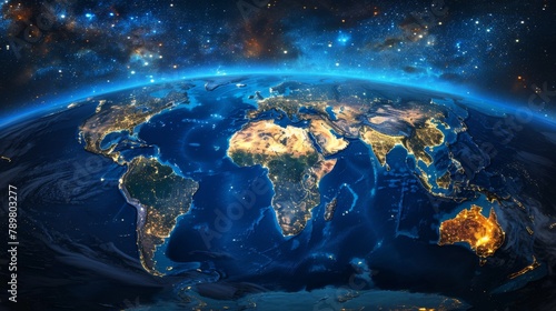 Blue and white image of the Earth from space, showing the continents and major cities.