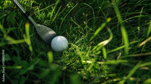 Close-up of a golf ball and club in the rough