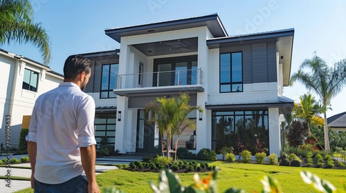 Homebuyer Examining Modern New Construction Home in Florida, Clear Sky - Real Estate Decision, Property Investment, Luxury Living - Construction Industry.
