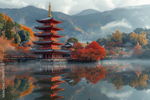 Majestic temples nestled among autumn foliage, their vermilion pagodas reflecting in the calm waters of surrounding ponds.