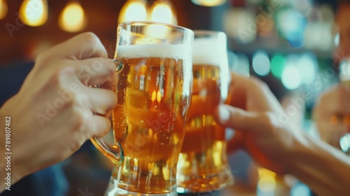 Two friends are toasting their beer mugs together at a bar.