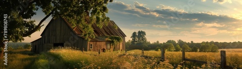 A beautiful landscape of a rustic barn in a rural field at sunset.