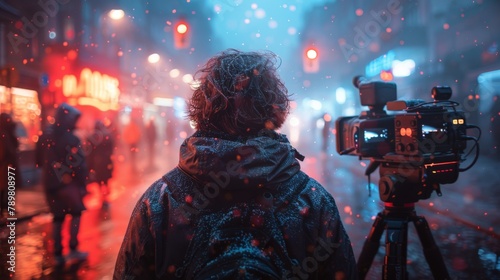 A photojournalist is standing with a camera in the middle of a snowy street.