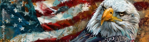 An artistic rendering of an eagle's head imposed over an American flag.