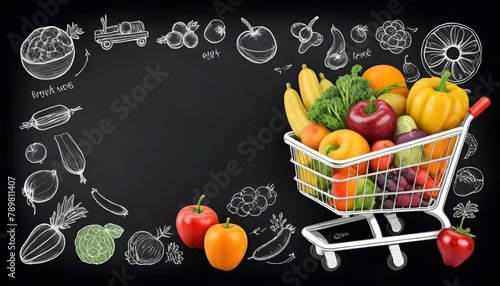 Organic-grocery-shopping-cart-filled-with-fruits-and-vegetables-and-sketches-on-a-chalkboard