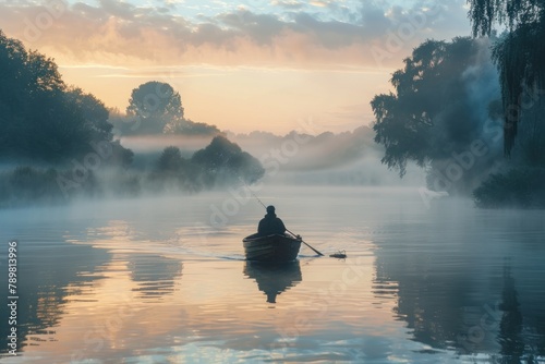 A man is rowing a boat on a lake in the morning