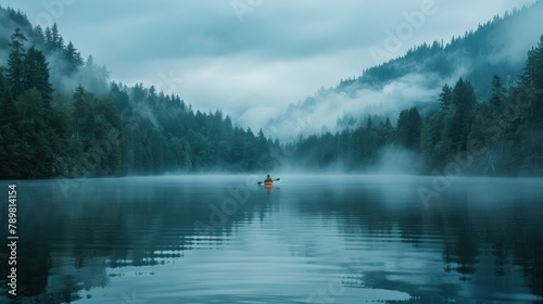 A man paddles a canoe on a lake surrounded by trees