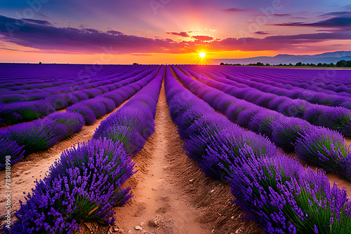 A breathtaking view of a lavender field at sunset with a footpath cutting through the middle leading into the horizon, surrounded by vivid purple blooms and mountains in the distance.