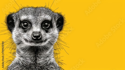  Meerkat's face, close-up Yellow background Eye contact with camera