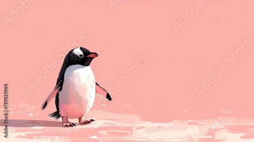  A penguin depicted on a pink backdrop, wearing a black-and-white striped beak and head