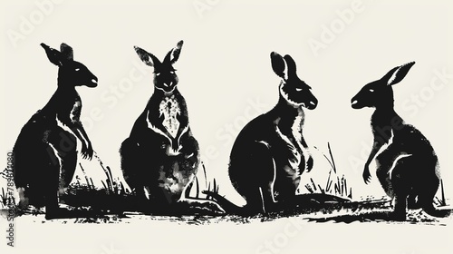  Three kangaroos, depicted in black and white, sit facing opposite directions in the grass