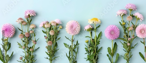  A cluster of pink blooms sits atop a light blue backdrop, accompanied by verdant green stems and foliage