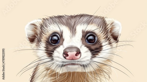  A ferret's face in tight focus against a white backdrop, framed by a brown stripe encircling its nostrils