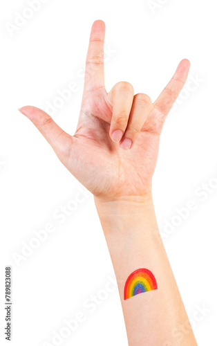Png LGBTQ+ pride tattoo mockup with rock n' roll hand in the air