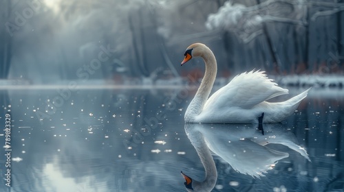  A white swan floats on a tranquil lake Surrounding it is a forest, densely populated with trees, and a snow-covered ground borders the water
