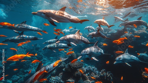  A sizable pod of dolphins swims in a vast expanse of water teeming with corals and an abundant school of fish