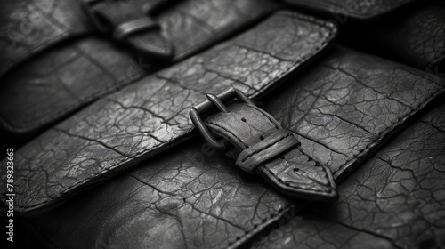 A monochrome image of a watch strap against a black leather band, featuring a silver buckle at its front