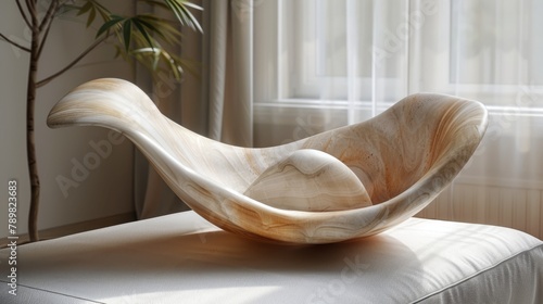  A large wooden bowl sits atop a bed, nearby a potted plant Both elements face a window