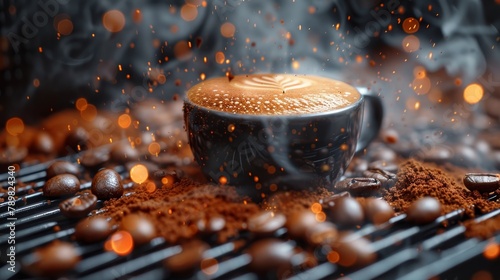  A cup of coffee sits atop the grill, nearby are coffee beans and a mound of them