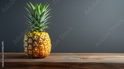  A pineapple atop a weathered wooden table against a gray backdrop, featuring a nearby wooden table in the foreground