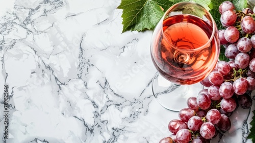  A glass of red wine next to ripe grapes and green foliage on a marbled surface