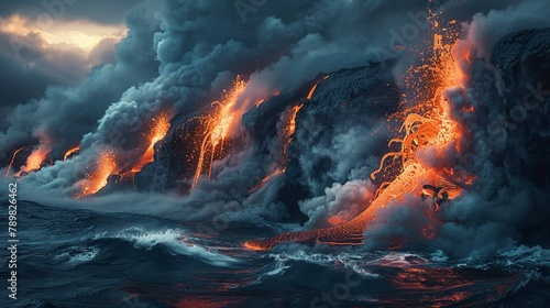 A breathtaking display of molten lava descending into the depths of the ocean, creating an otherworldly underwater landscape , high resulution,clean sharp focus