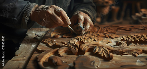 A carpenter is carving a pattern on his workpiece.