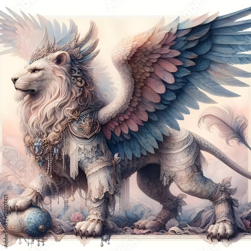 A detailed griffin with the body of a lion and the wings of an eagle. 
