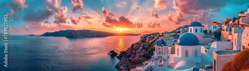 Stock image of Santorini island at sunset, Greece, whitewashed buildings with blue domes overlooking the Aegean Sea, romantic and picturesque