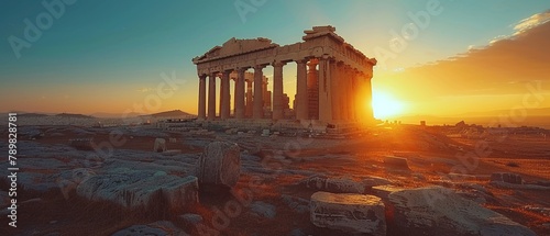 documentary photography of the Acropolis of Athens, historic ruins at sunrise, inspiring and wonder, stock photo