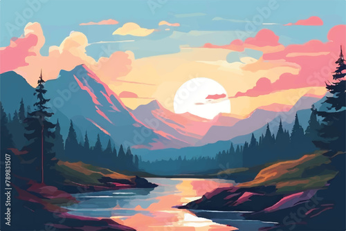 Beautiful Sunset in mountains. Vector Background. Sunset in the mountains. image of a sunset, the dawn sun over the mountains in the background and a thick forest down to the valley.