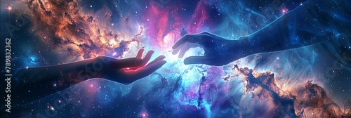 Conceptual design of a hand reaching out from a galaxy, touching a human hand against a backdrop of cosmic energy, denoting connection and creation 