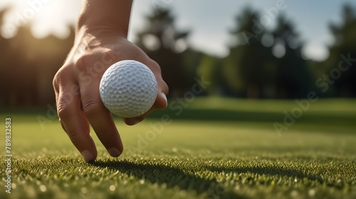 A golfer's hand placing a golf ball on a tee on a sunny, lush green course.generative.ai