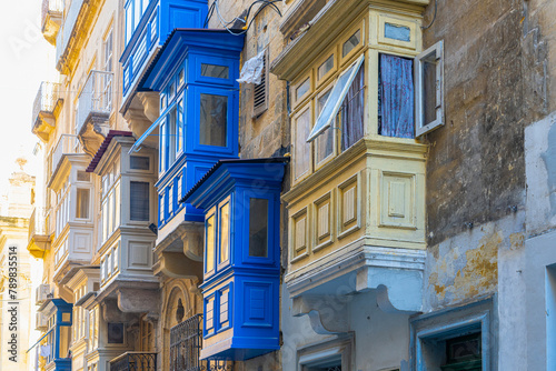typical wooden balconies in Valletta, Malta