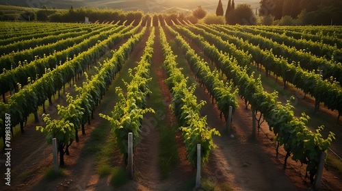 Extra wide panoramic shot of a summer vineyard road shot at sunset.generative.ai