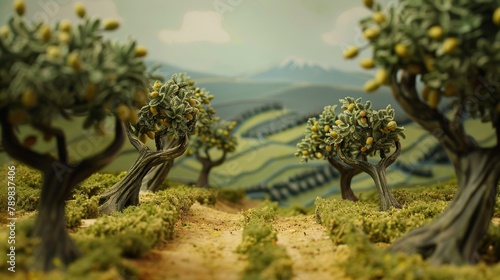Olive grove in the style of plasticine claymation character