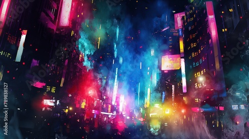 Vivid splashes of neon watercolor electric and dynamic against a dark background