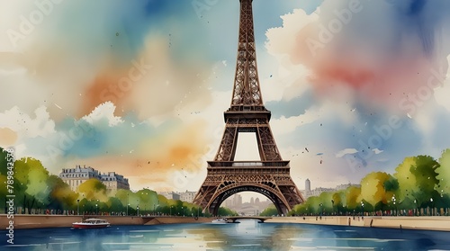Paris Olympic Games 2024 Background Wallpaper Template Eiffel Tower Seine River.generative.ai