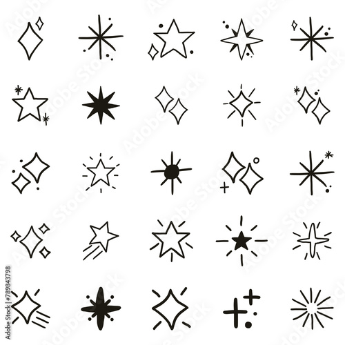 Sparkling stars png icon set in doodle style