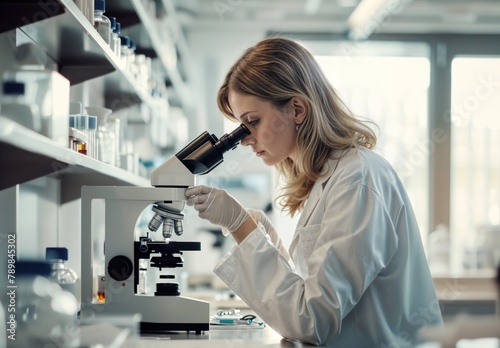 Female scientist concentrating on sample analysis through a microscope in laboratory.