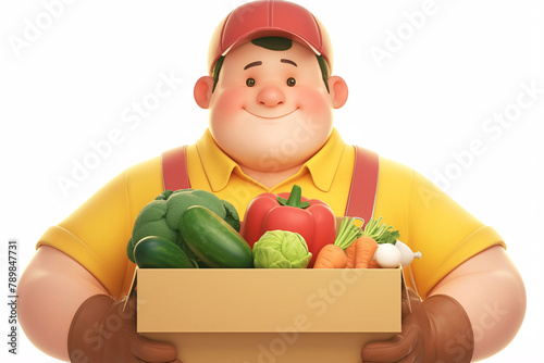 3D illustration of farmer uncle holding vegetables and laughing, agricultural food harvest scene illustration