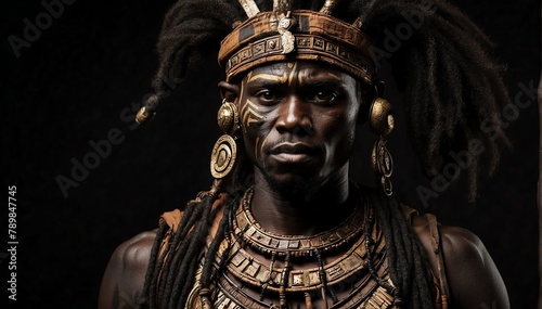 ancient african warrior portrait on plain black background from Generative AI